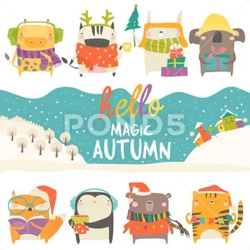 Set of cute animals with winter theme on white background Stock Illustration