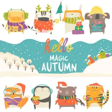 Set of cute animals with winter theme on white background Stock Illustration