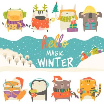 Set of cute animals with winter theme on white background Stock Illustration