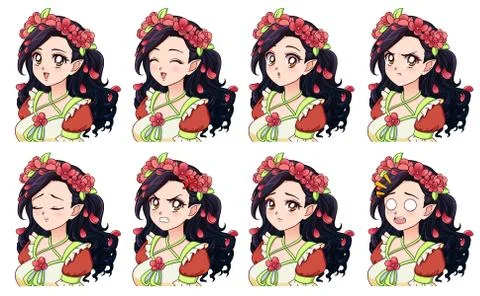A set of cute anime elf with different expressions. Illustrazione stock