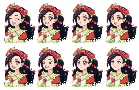 A set of cute anime elf with different expressions. Illustrazione stock
