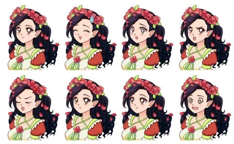 A set of cute anime elf with different expressions. Illustrazione stock