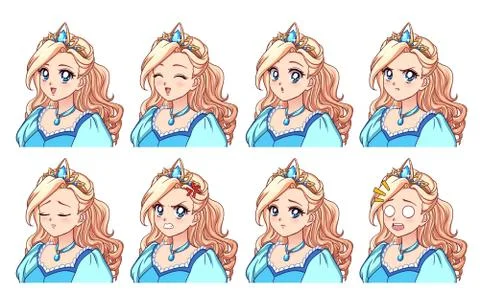 A set of cute anime princess with different expressions. Blonde hair, big blu Stock Illustration