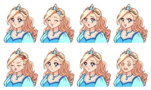A set of cute anime princess with different expressions. Blonde hair, big blu Illustrazione stock