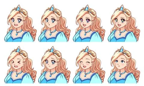 A set of cute anime princess with different expressions. Blonde hair, big blu Illustrazione stock