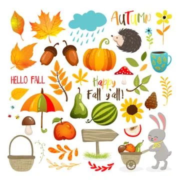 Set of cute autumn cartoon elements. Fall season. Collection for scrapbooking 库存插图