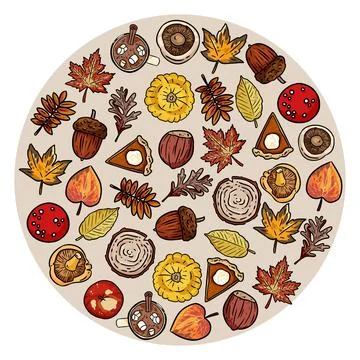 Set of cute autumn elements doodles in a circle. Fall festival banner 스톡 일러스트