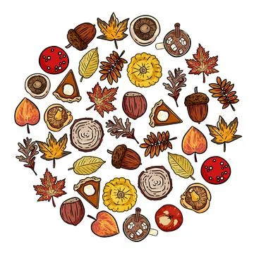 Set of cute autumn elements doodles in a wreath. Fall festival banner 스톡 일러스트