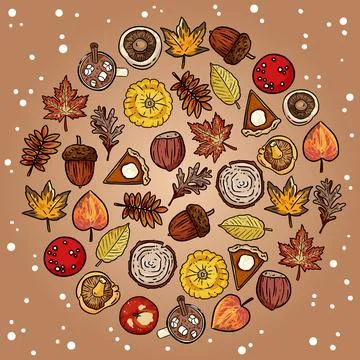 Set of cute autumn elements doodles in a circle. Fall festival banner 스톡 일러스트
