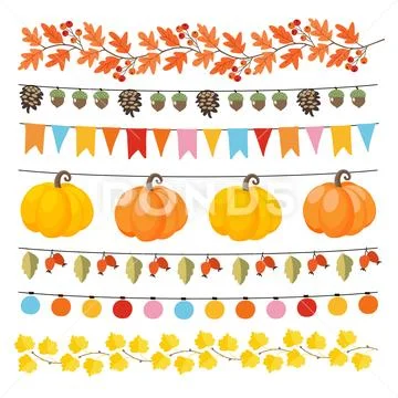 Set of cute autumn, fall garlands with lights, flags, acorns, leaves, pumpkins Stock Illustration