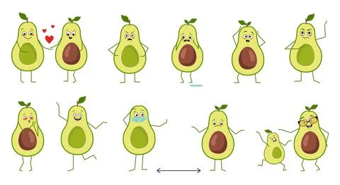 Set of cute avocado characters with different emotions Stock Illustration