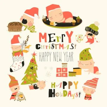 Set of cute babies with Christmas elements Illustrazione stock