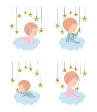 Set of cute babies over clouds vector design Stock Illustration