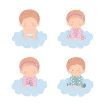 Set of cute babies over clouds vector design Stock Illustration