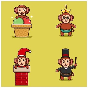 Set Of Cute Baby Monkey Character With Various Poses. On Ice Cream, Chinmey.. Stock Illustration