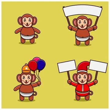 Set Of Cute Baby Monkey Character With Various Poses. Bring banner, balloon.. Stock-Illustration