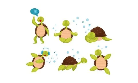 Set With Cute Baby Turtles In Different Active Poses Vector Illustration Cartoon Illustrazione stock