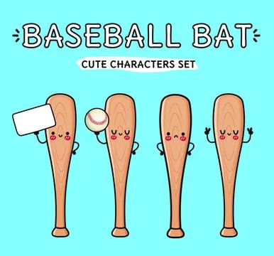 A set of cute baseball bat characters with different expressions on a bright  Stock Illustration