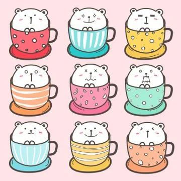 Set Of Cute Bear In The Cup. Vector Illustration. Stock Illustration