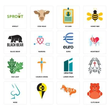 Set of cute bear, , nose, lorem ipsum, oak leaf, euro, black id card, sprout  Illustrazione stock gratuita