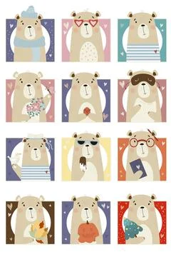 Set with cute bears. Animals in different clothes, with different objects With a Stock Illustration