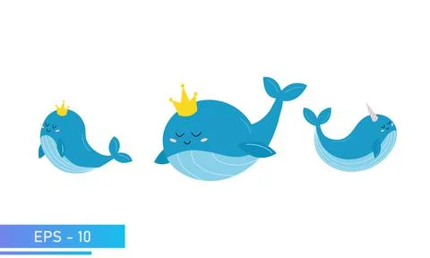 Set of cute blue whale in delicate blue colors and a golden crown on his head or Stock Illustration
