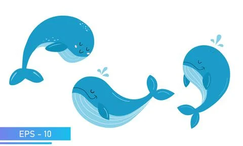 Set of cute blue whale in delicate blue colors and splashes water. Proud and Stock Illustration