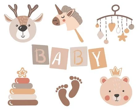 Set of cute boho baby objects in Scandinavian style. Cartoon doodle kids clipart Stock Illustration