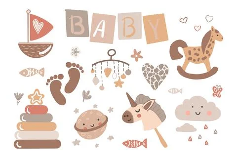 Set of cute boho baby objects in Scandinavian style. Cartoon doodle kids clipart Stock Illustration