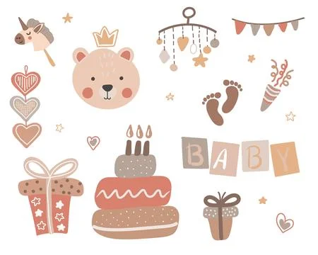 Set of cute boho baby objects in Scandinavian style. Cartoon doodle kids clipart Illustrazione stock