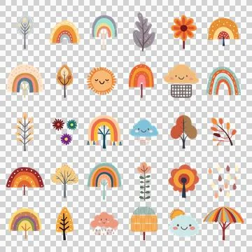 Set of cute boho rainbows collection with autumn colours Scandinavian style. Illustrazione stock