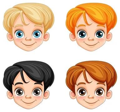 Set of cute boy head cartoon character in different race and hair colour Stock Illustration