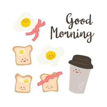 Set of cute breakfast vector food. Card with text Stock Illustration