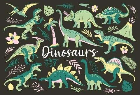 Set of cute bright dinosaurs including T-rex, Brontosaurus, Triceratops, Ve.. Stock Illustration