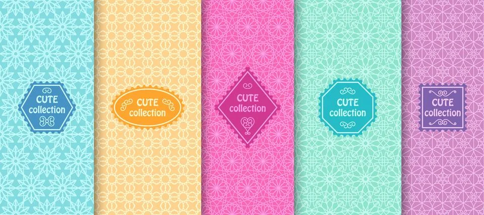 Set of cute bright seamless patterns with frames. Abstract geometric background Stock Illustration