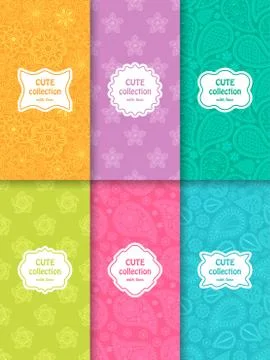 Set of cute bright seamless patterns with frames. Abstract geometric background Stock Illustration