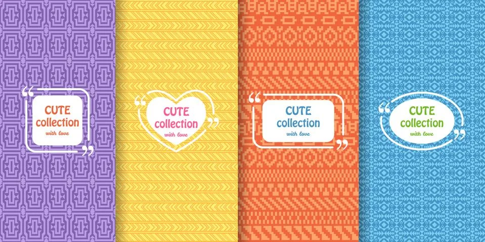 Set of cute bright seamless patterns with frames. Abstract geometric background Stock Illustration