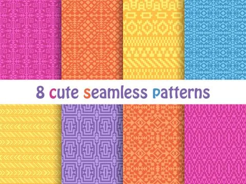 Set of cute bright seamless patterns. Abstract geometric background Stock Illustration