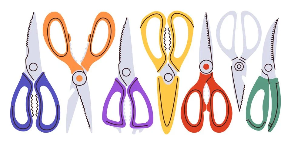 Set of cute brightly colored simple kitchen scissors. Concept of variety of k Stock Illustration