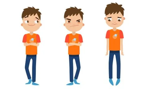 Set of a cute brown-haired boy in blue pants with different facial emotions Stock Illustration