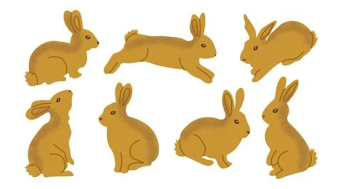Set of cute brown rabbits in different poses including sitting, jumping and.. Illustrazione stock