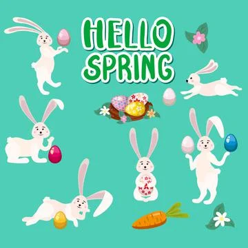 Set of Cute Bunny Easter hunting eggs. Cartoon funny Easter Rabbit, nest Stock Illustration