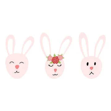 Set of cute bunny faces in cartoon flat style isolated on white background Stock Illustration