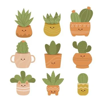 Set of Cute Cactus or Succulent Cartoon Set Collection, Chibi Potted Plant,.. Stock Illustration