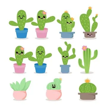 Set of cute cactus plant vector collection, succulent. Stock Illustration
