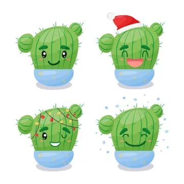 Set of cute cactuses in a pot isolated on a white background. Funny children s Stock Illustration
