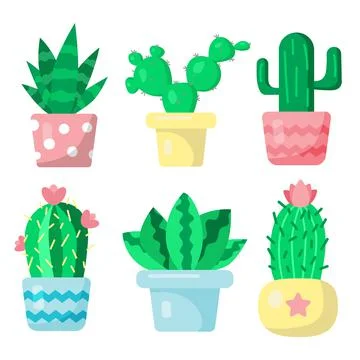 Set of cute cactuses in pots, funny print in cartoon flat style. Home succulent  Stock Illustration