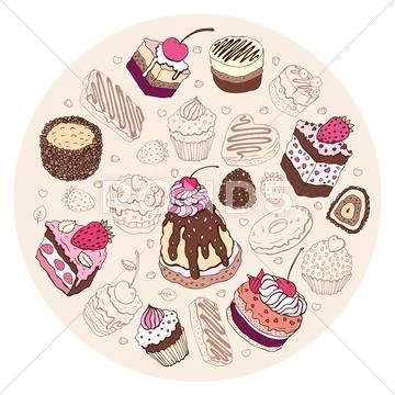 Set of cute cake. Stock Illustration