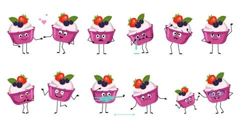Set of cute cake or yogurt characters with emotions Stock-Illustration