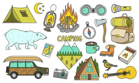 Set of cute camping elements. Equipment in forest. Stickers, doodle pins Stock Illustration